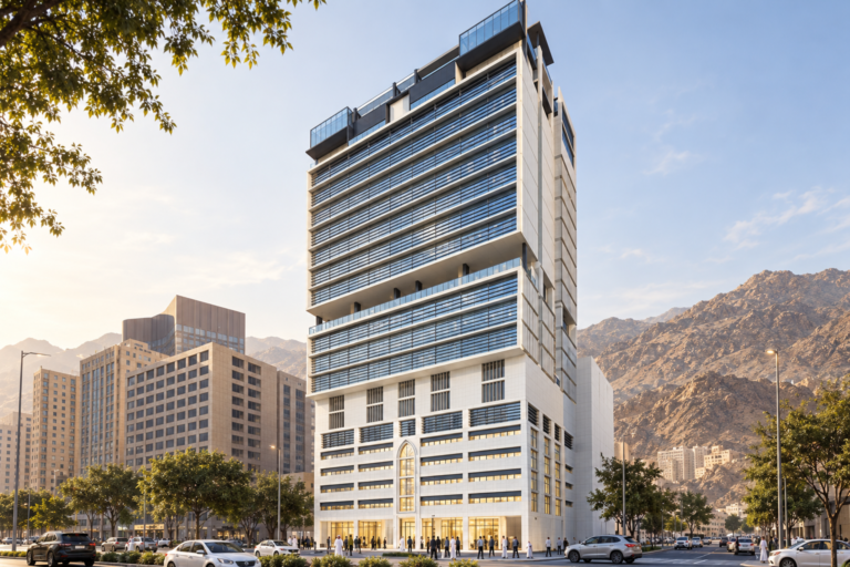 Al Hijra Hotel, Makkah — INJ Architect — 2015 Daytime architectural visualization of Al Hijra Hotel in Makkah, designed by INJ Architect in 2015, with horizontal glazed facades.