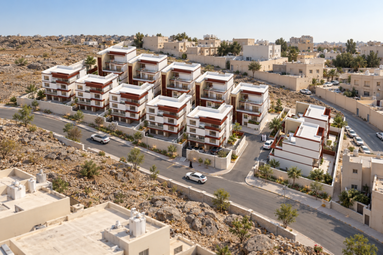 Awali Hills, Makkah — INJ Architect — 2013 Daytime visualization of Awali Hills villas in Makkah, designed by INJ Architect in 2013, beside a gently sloping access road.