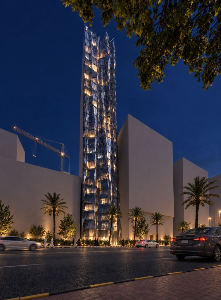 Azizia Tower, Makkah — INJ Architect — 2016 Night architectural visualization of Azizia Tower in Makkah, designed by INJ Architect in 2016, with its faceted glass facade.